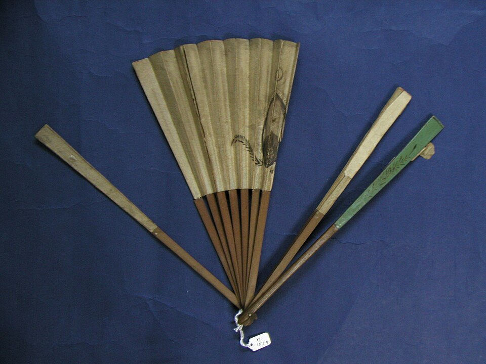 Fan, wood and paper fan with picture of George III underneath crown and "God save the Queen", upper outer struts painted green.